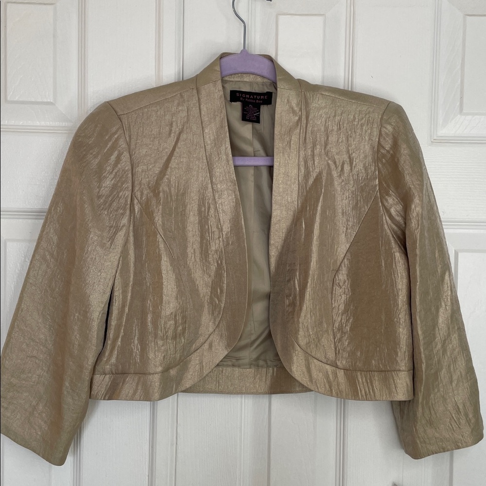SIGNATURE by ROBBIE BEE SHIMMERY GOLD OPEN FRONT LINED BOLERO JACKET SZ PL - Picture 2 of 9
